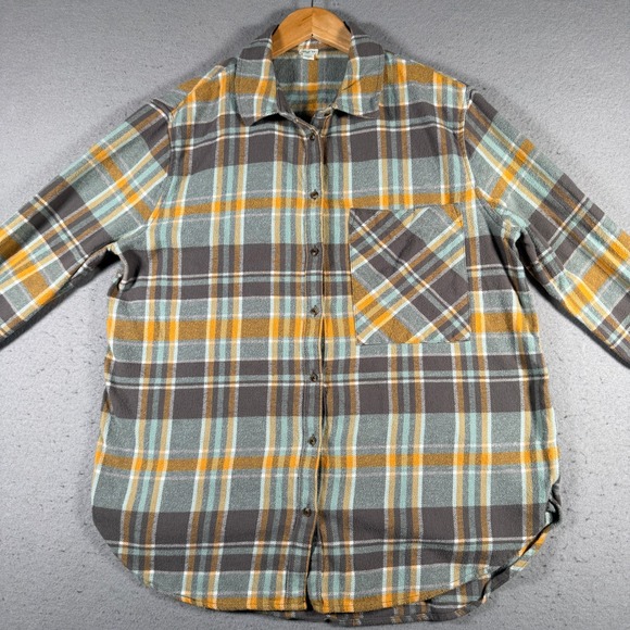Aerie Womens Plaid Flannel Button Down Shirt Grey Yellow Green Cotton K5405CVW - Picture 3 of 13